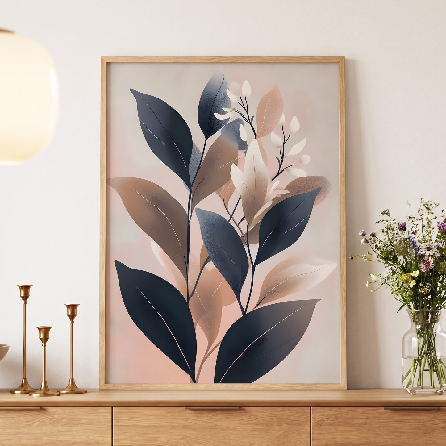 Dusky Botanical Reverie, blue, pink, beige floral wall art displayed in a styled interior, gallery view 5