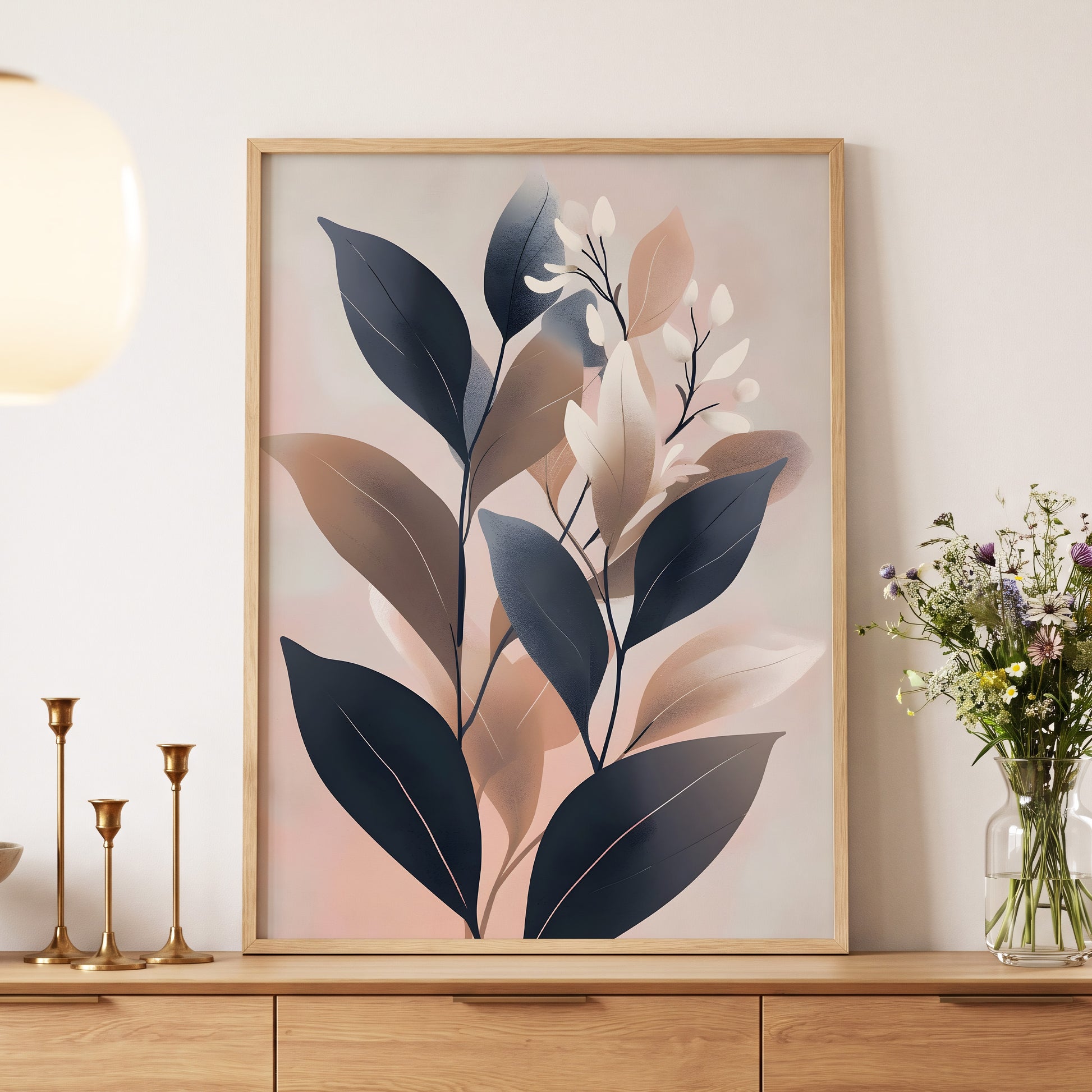 Dusky Botanical Reverie, blue, pink, beige floral wall art displayed in a styled interior, gallery view 5