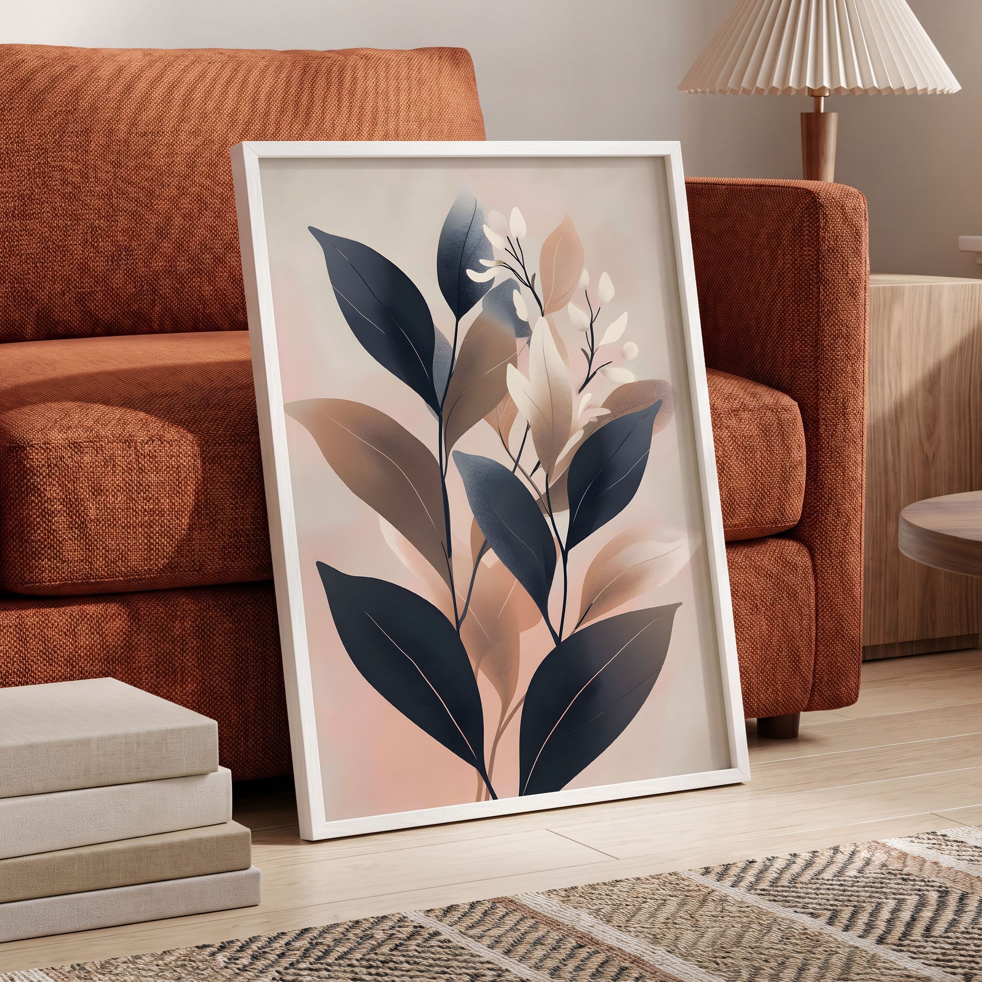 Dusky Botanical Reverie, blue, pink, beige floral wall art displayed in a styled interior, gallery view 6
