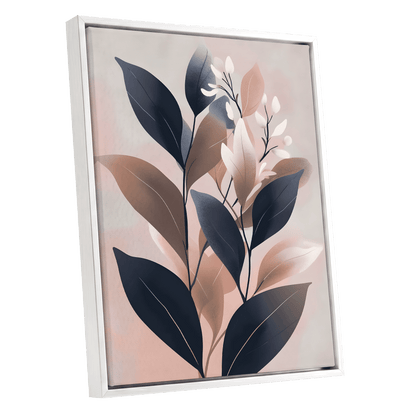 Dusky Botanical Reverie, blue, pink, beige floral wall art shown as a white framed canvas wall art