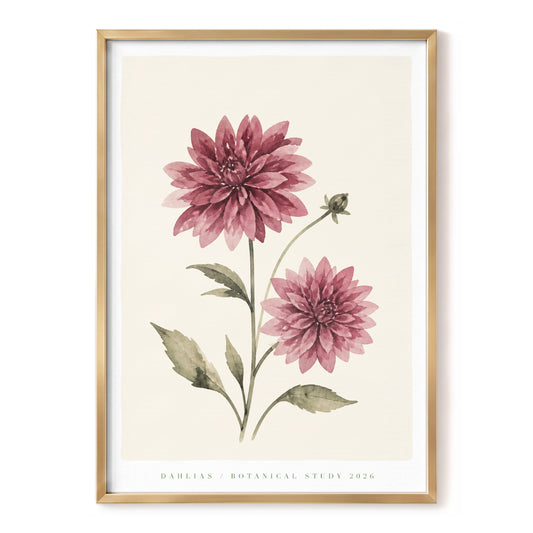 Dusky Dahlia Study, pink, green, beige floral wall art, front artwork view
