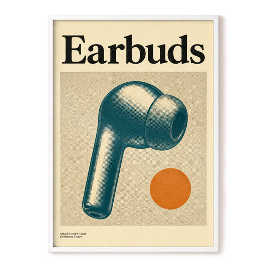 Earbud Object Study, beige, blue, black minimalist wall art, front artwork view