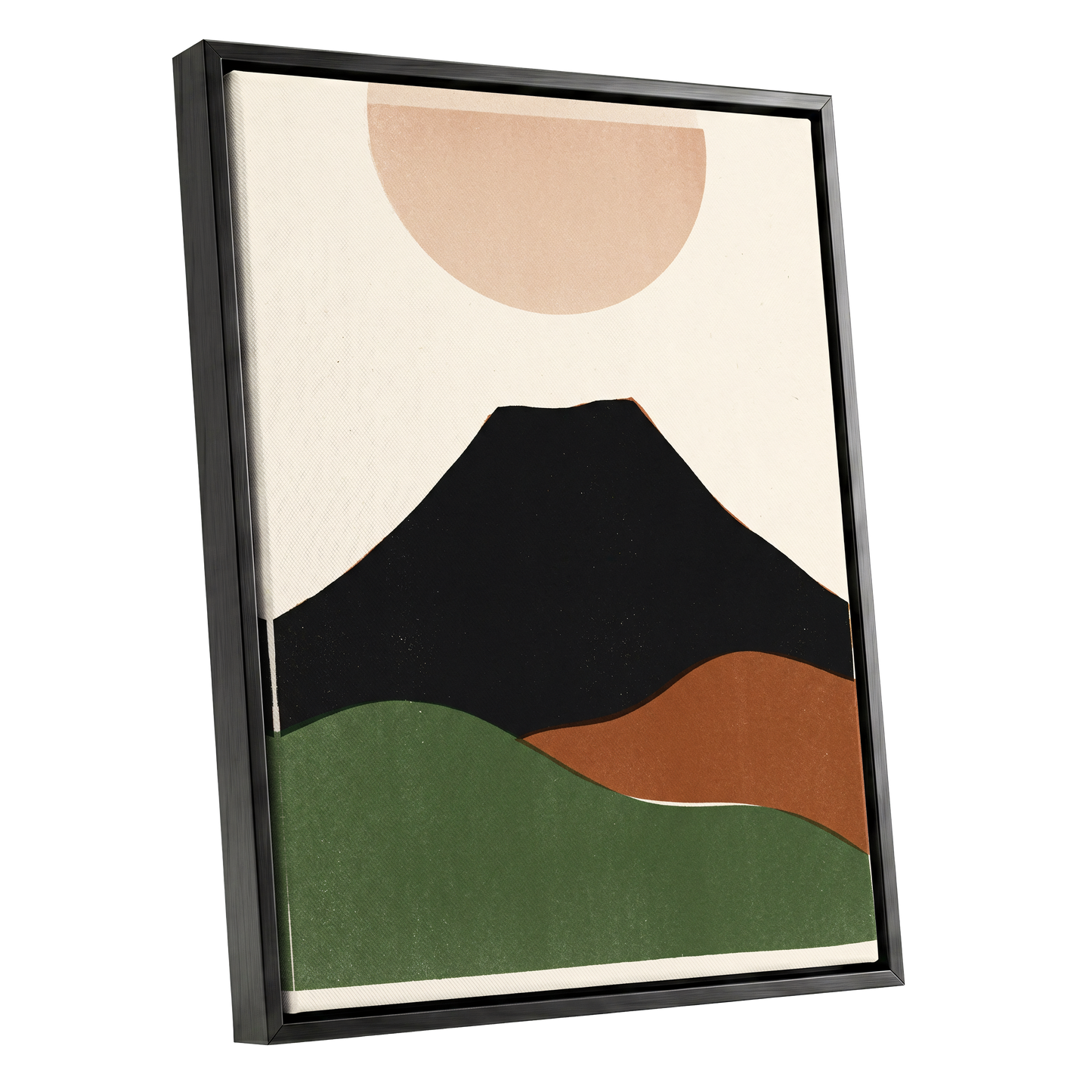Earth Beneath a Quiet Sun, black, green, beige nature wall art shown as a black framed canvas wall art