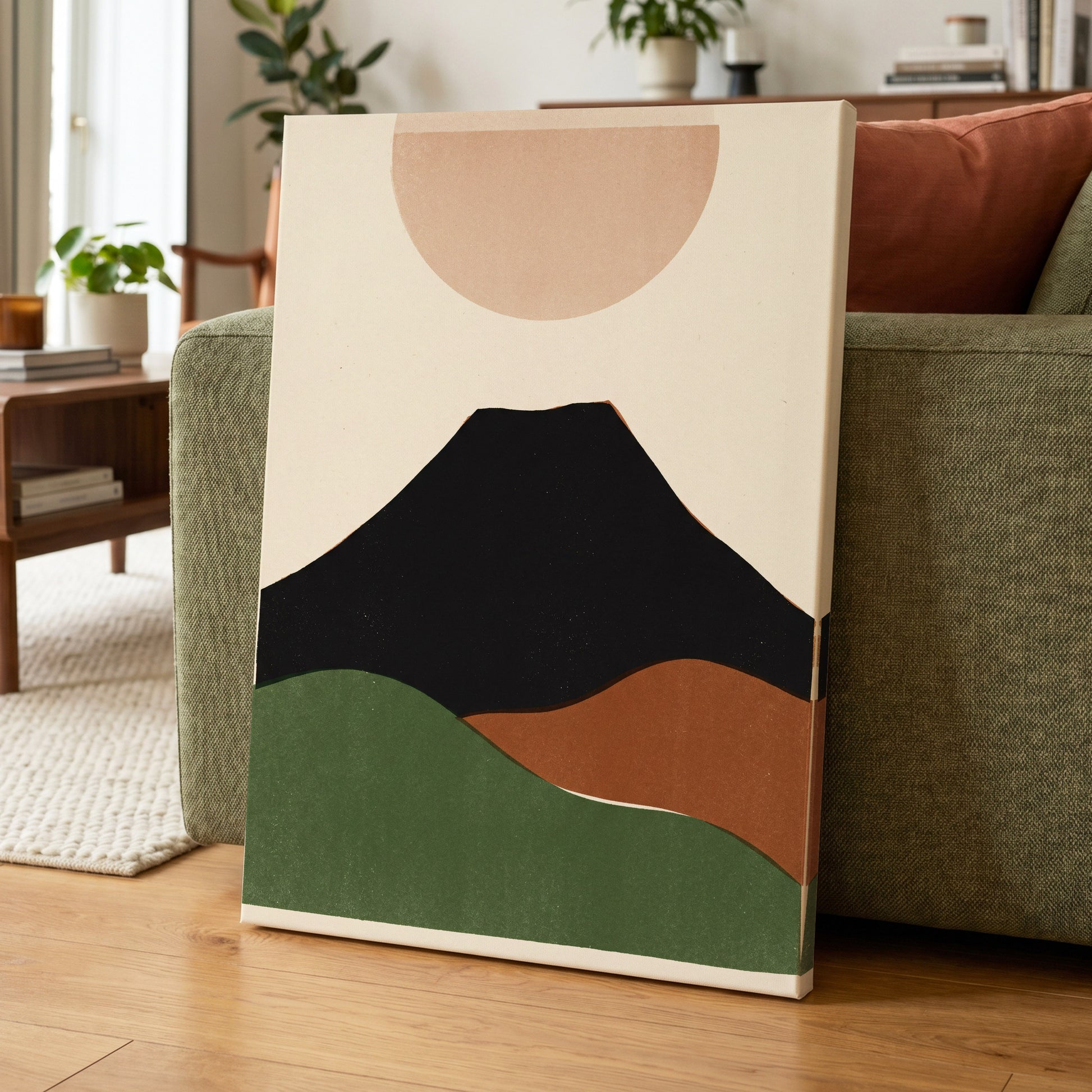 Earth Beneath a Quiet Sun, black, green, beige nature wall art on canvas displayed in a styled interior, gallery view 1