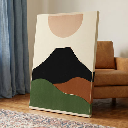 Earth Beneath a Quiet Sun, black, green, beige nature wall art on canvas displayed in a styled interior, gallery view 2