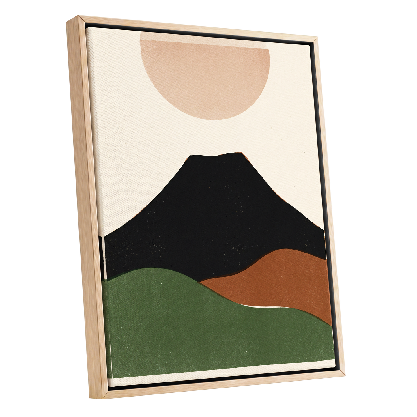 Earth Beneath a Quiet Sun, black, green, beige nature wall art shown as a oak framed canvas wall art