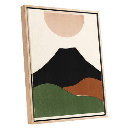Earth Beneath a Quiet Sun, black, green, beige nature wall art shown as a oak framed canvas wall art