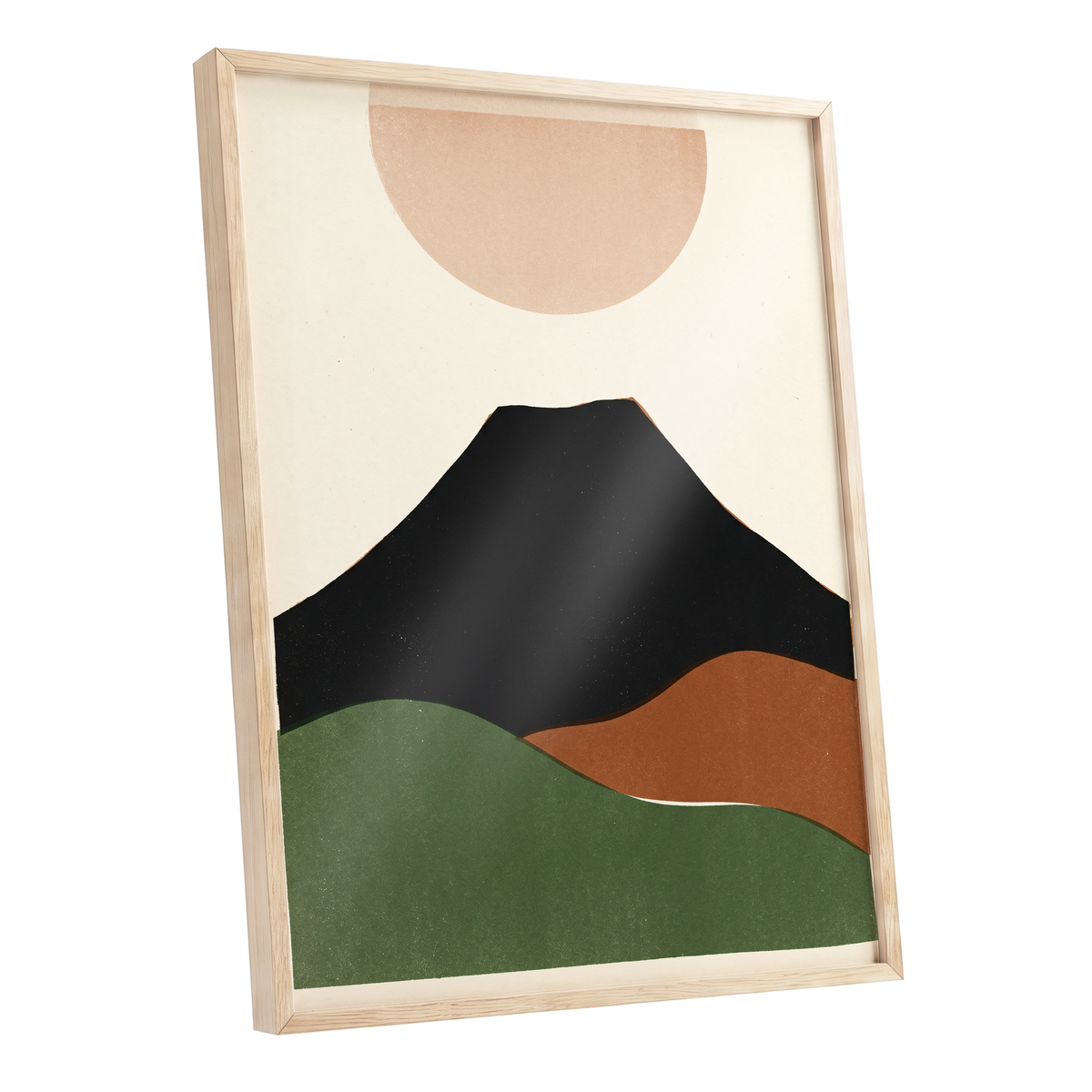 Earth Beneath a Quiet Sun, black, green, beige nature wall art shown as a oak framed poster wall art print