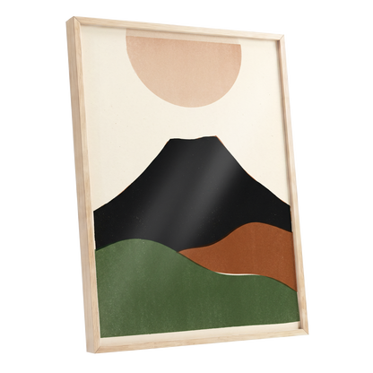 Earth Beneath a Quiet Sun, black, green, beige nature wall art shown as a oak framed poster wall art print