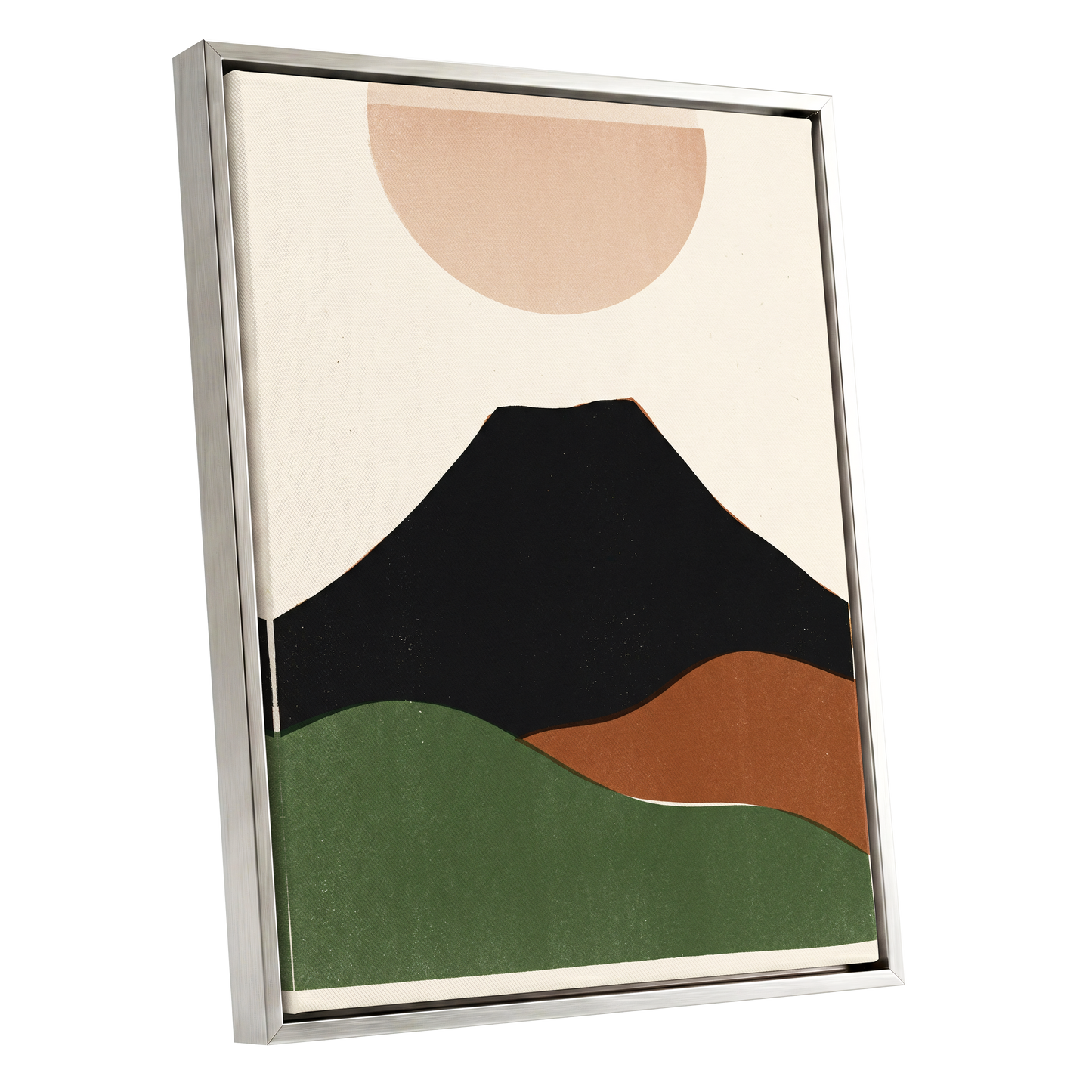 Earth Beneath a Quiet Sun, black, green, beige nature wall art shown as a silver framed canvas wall art
