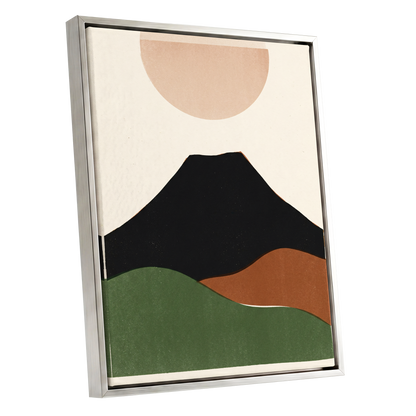 Earth Beneath a Quiet Sun, black, green, beige nature wall art shown as a silver framed canvas wall art