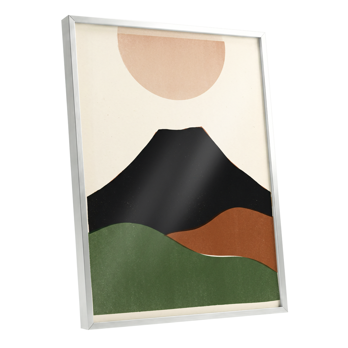 Earth Beneath a Quiet Sun, black, green, beige nature wall art shown as a silver framed poster wall art print