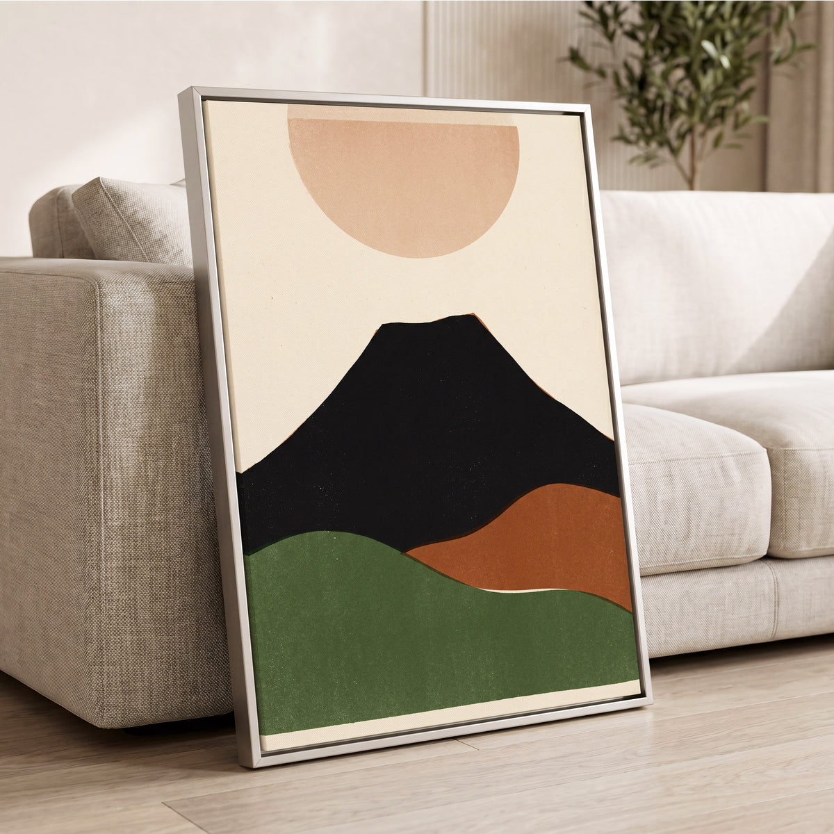 Earth Beneath a Quiet Sun, black, green, beige nature wall art displayed in a styled interior, gallery view 2