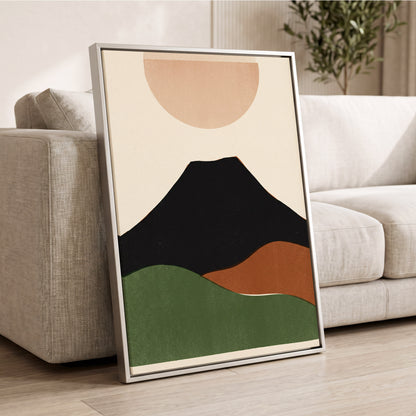 Earth Beneath a Quiet Sun, black, green, beige nature wall art displayed in a styled interior, gallery view 2