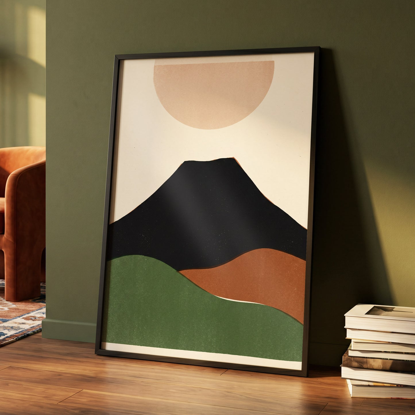 Earth Beneath a Quiet Sun, black, green, beige nature wall art displayed in a styled interior, gallery view 4