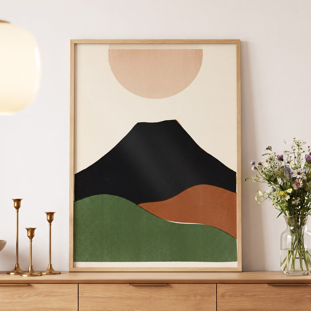 Earth Beneath a Quiet Sun, black, green, beige nature wall art displayed in a styled interior, gallery view 5