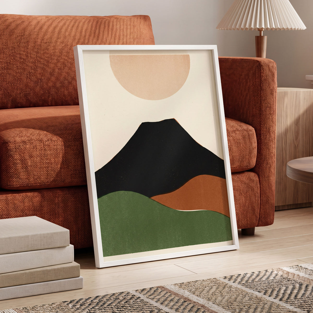 Earth Beneath a Quiet Sun, black, green, beige nature wall art displayed in a styled interior, gallery view 6