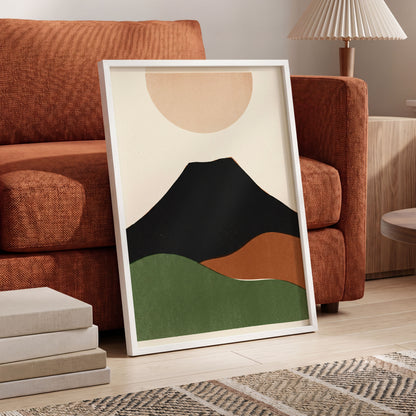 Earth Beneath a Quiet Sun, black, green, beige nature wall art displayed in a styled interior, gallery view 6