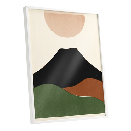 Earth Beneath a Quiet Sun, black, green, beige nature wall art shown as a white framed poster wall art print