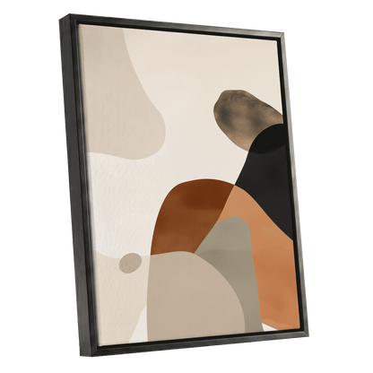 Earthbound Curves, beige, brown, black abstract wall art shown as a black framed canvas wall art