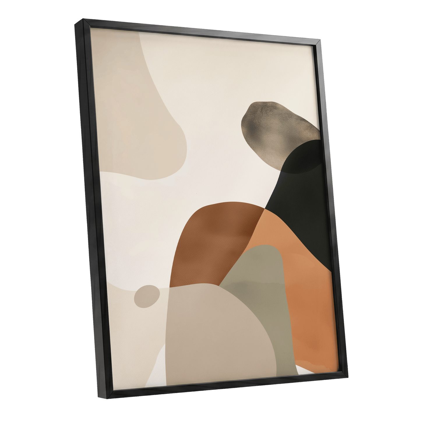 Earthbound Curves, beige, brown, black abstract wall art shown as a black framed poster wall art print