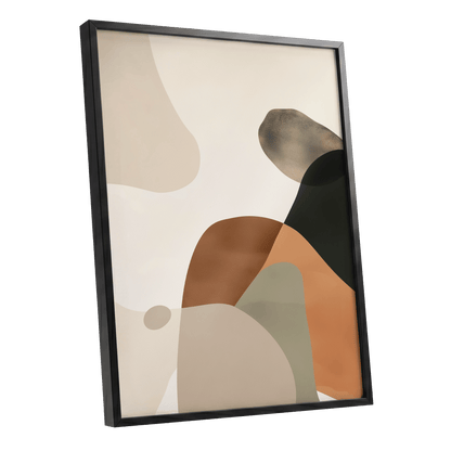 Earthbound Curves, beige, brown, black abstract wall art shown as a black framed poster wall art print