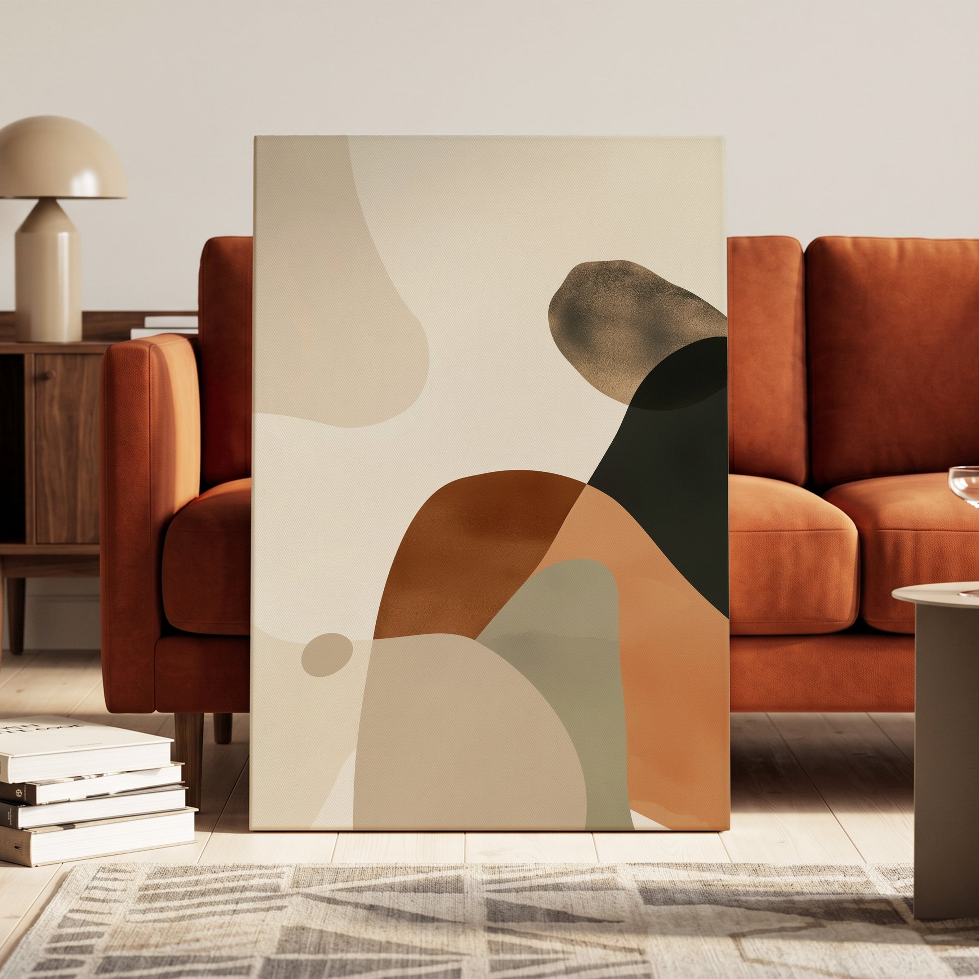 Earthbound Curves, beige, brown, black abstract wall art on canvas displayed in a styled interior, gallery view 1