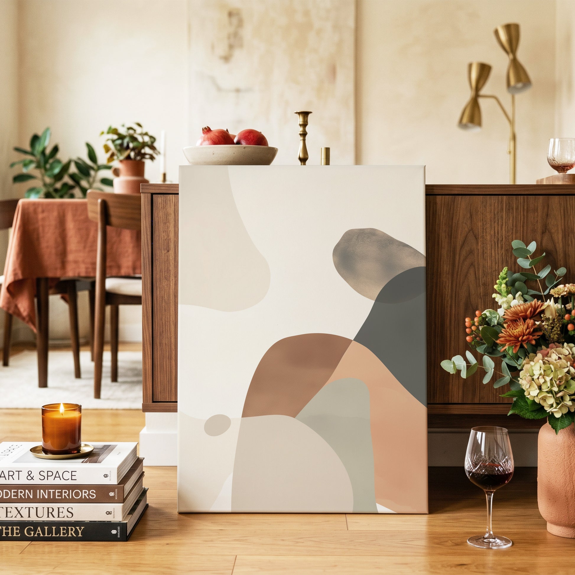 Earthbound Curves, beige, brown, black abstract wall art on canvas displayed in a styled interior, gallery view 2