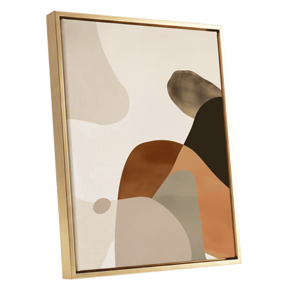 Earthbound Curves, beige, brown, black abstract wall art shown as a gold framed canvas wall art