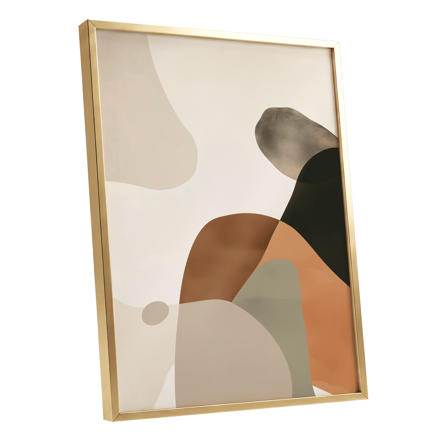Earthbound Curves, beige, brown, black abstract wall art shown as a gold framed poster wall art print