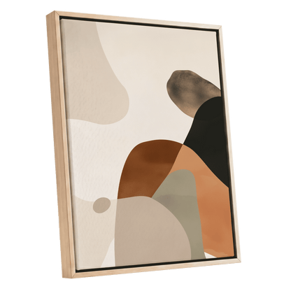 Earthbound Curves, beige, brown, black abstract wall art shown as a oak framed canvas wall art