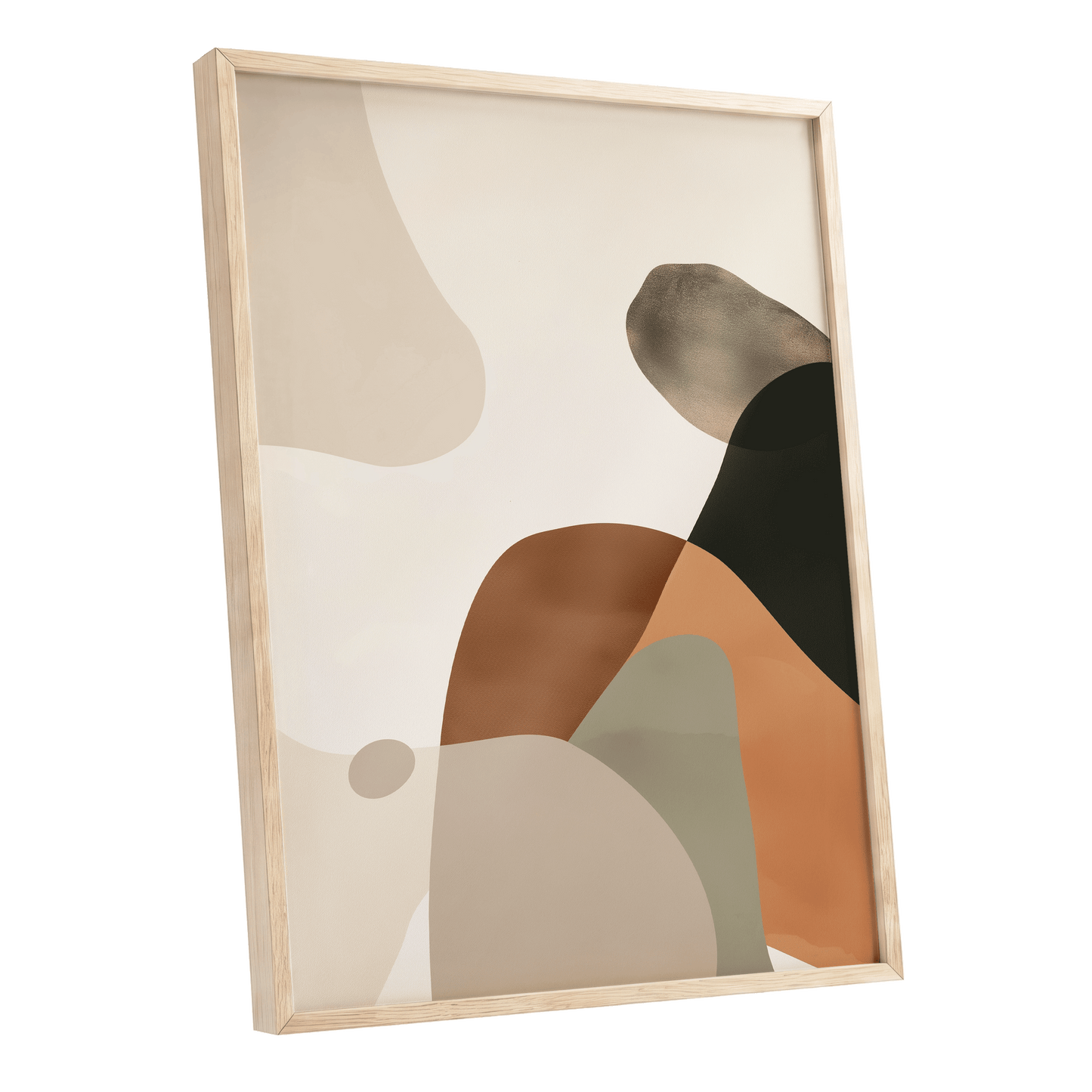 Earthbound Curves, beige, brown, black abstract wall art shown as a oak framed poster wall art print