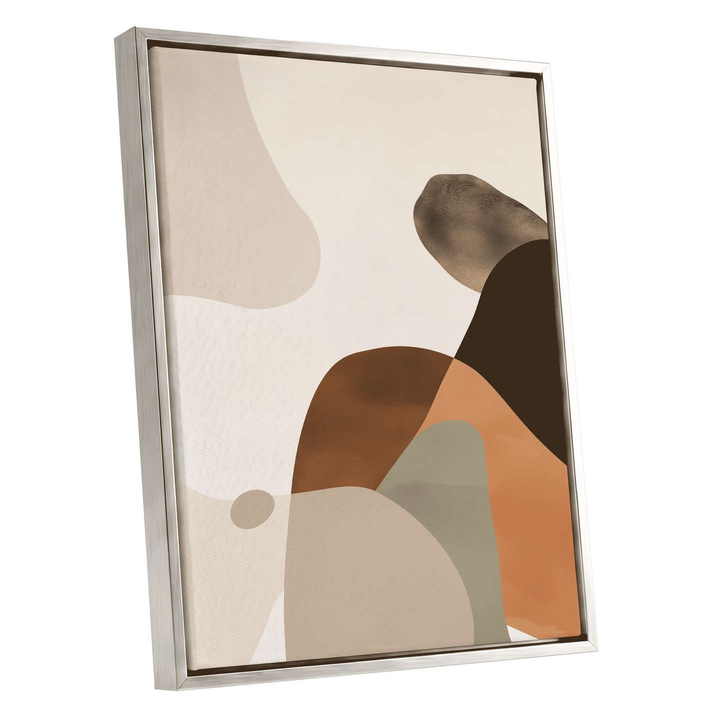 Earthbound Curves, beige, brown, black abstract wall art shown as a silver framed canvas wall art