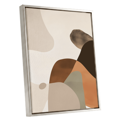 Earthbound Curves, beige, brown, black abstract wall art shown as a silver framed canvas wall art