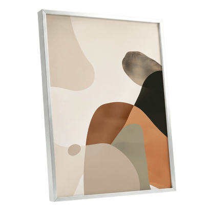 Earthbound Curves, beige, brown, black abstract wall art shown as a silver framed poster wall art print