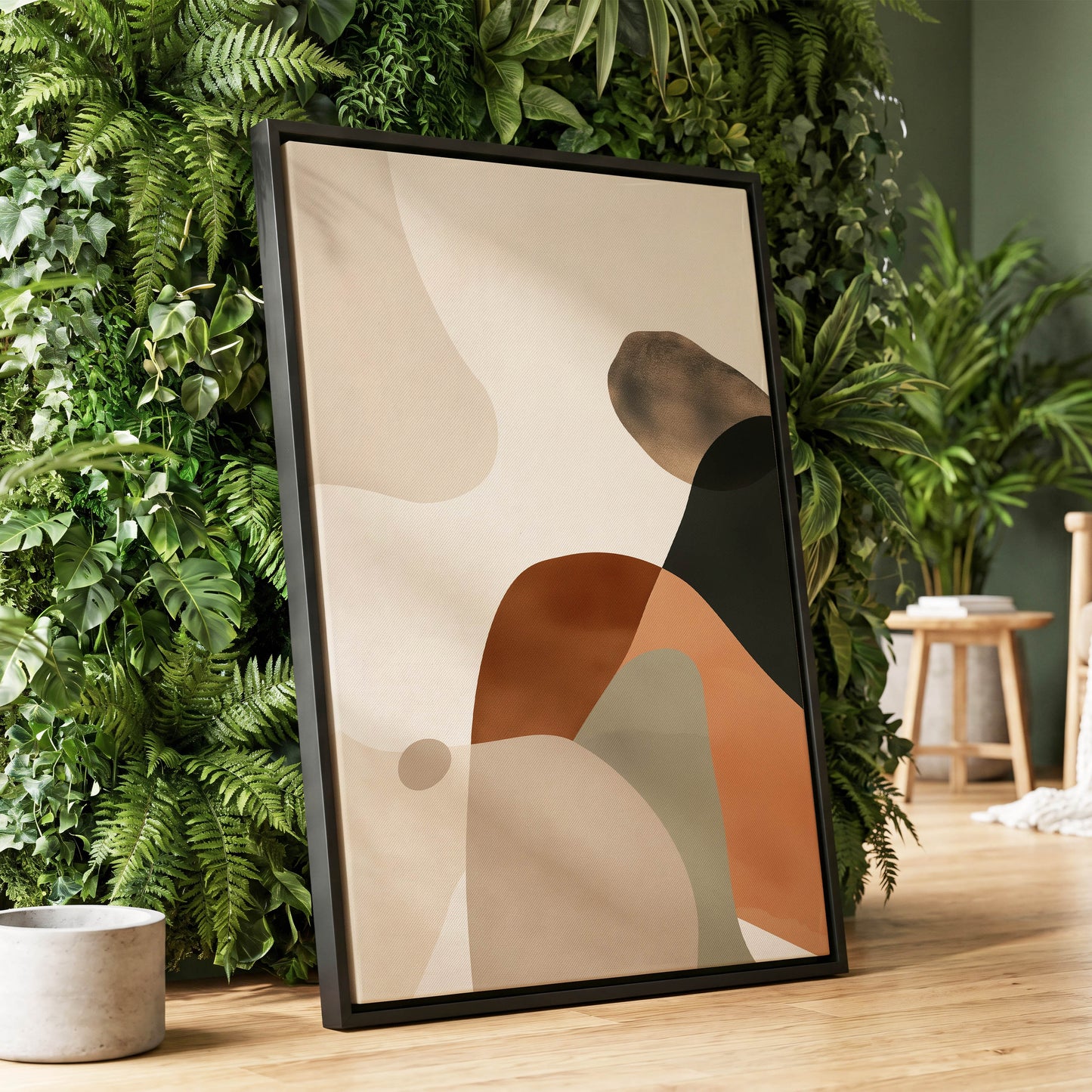 Earthbound Curves, beige, brown, black abstract wall art displayed in a styled interior, gallery view 1