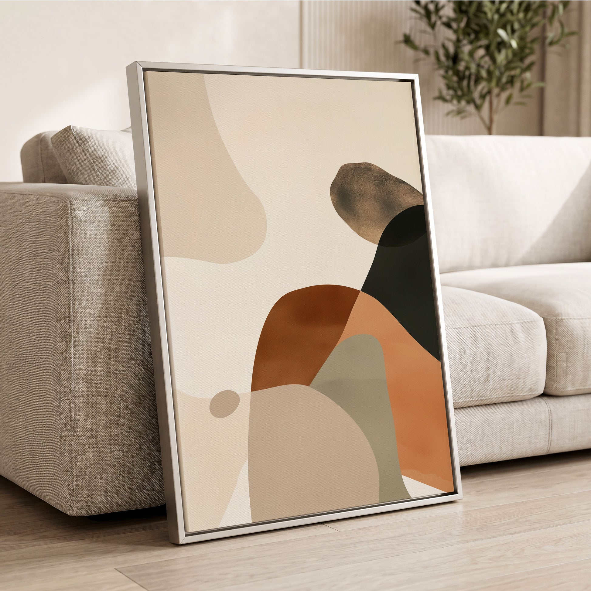 Earthbound Curves, beige, brown, black abstract wall art displayed in a styled interior, gallery view 2