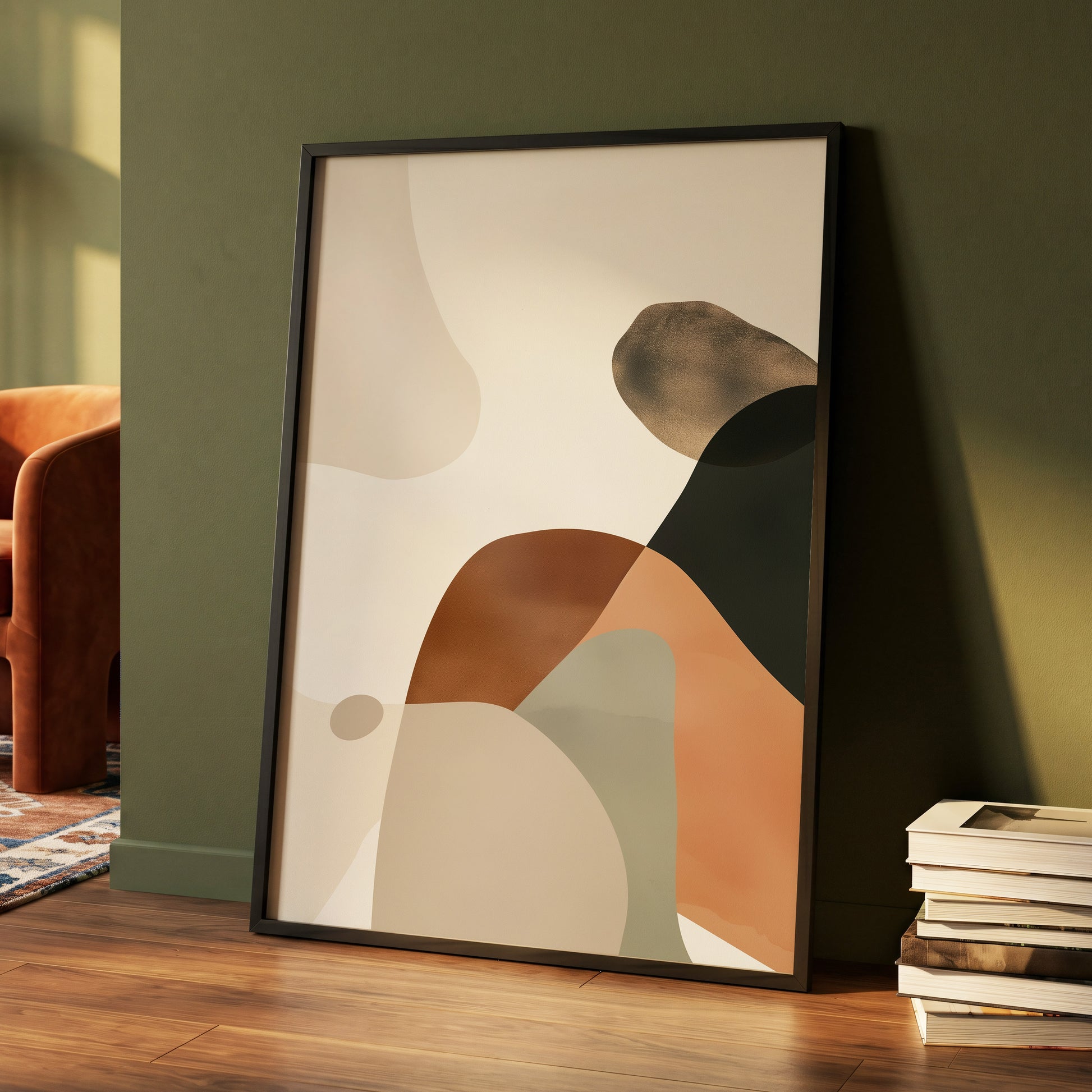 Earthbound Curves, beige, brown, black abstract wall art displayed in a styled interior, gallery view 4