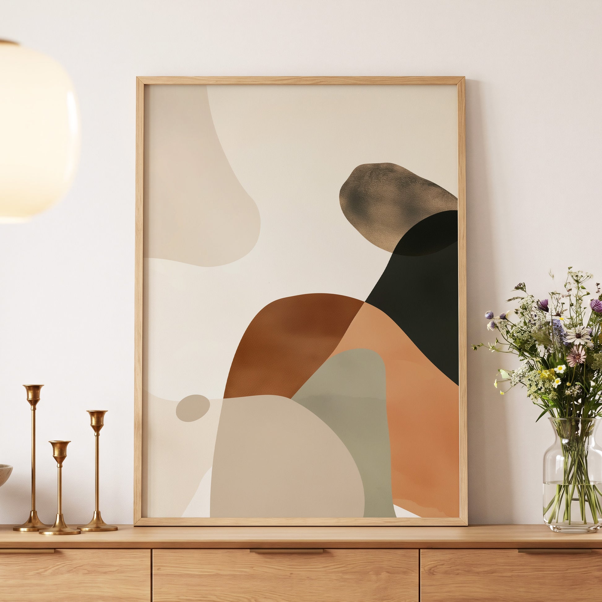 Earthbound Curves, beige, brown, black abstract wall art displayed in a styled interior, gallery view 5