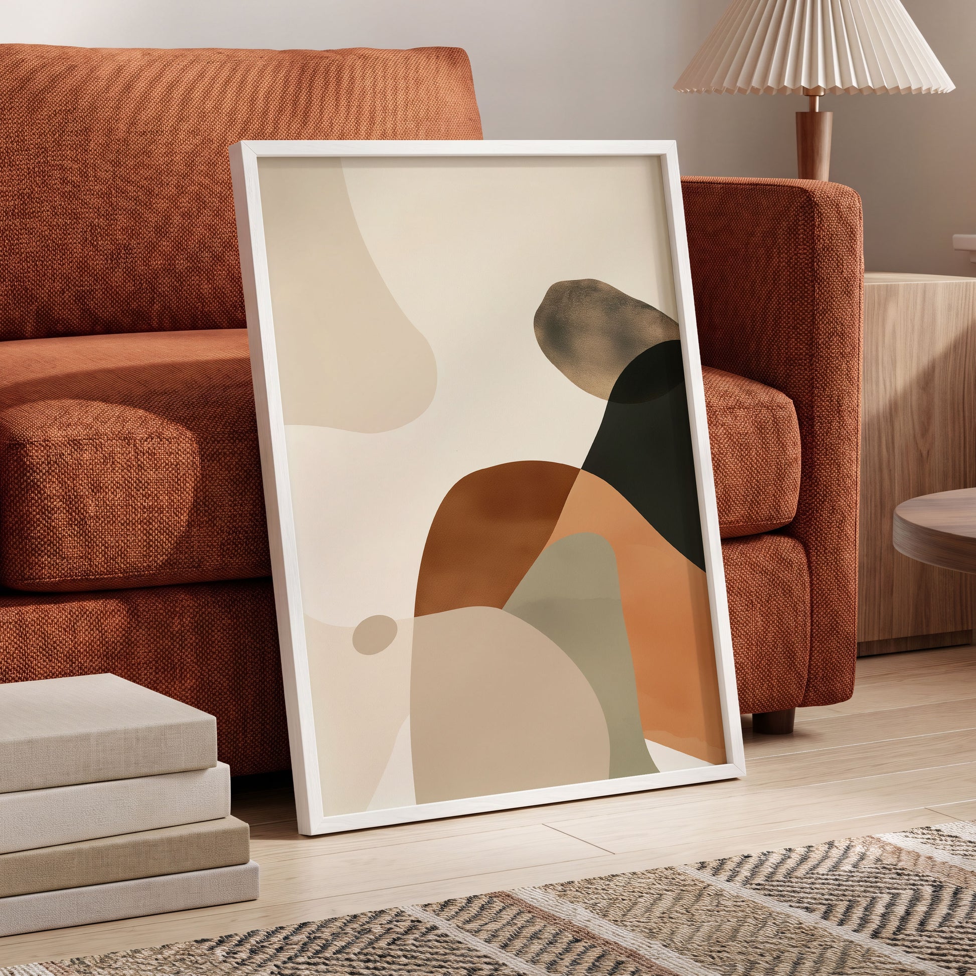 Earthbound Curves, beige, brown, black abstract wall art displayed in a styled interior, gallery view 6