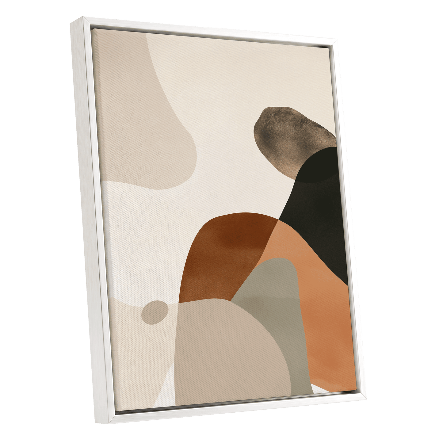 Earthbound Curves, beige, brown, black abstract wall art shown as a white framed canvas wall art