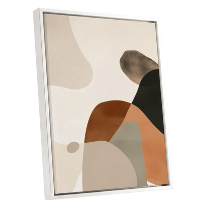 Earthbound Curves, beige, brown, black abstract wall art shown as a white framed canvas wall art