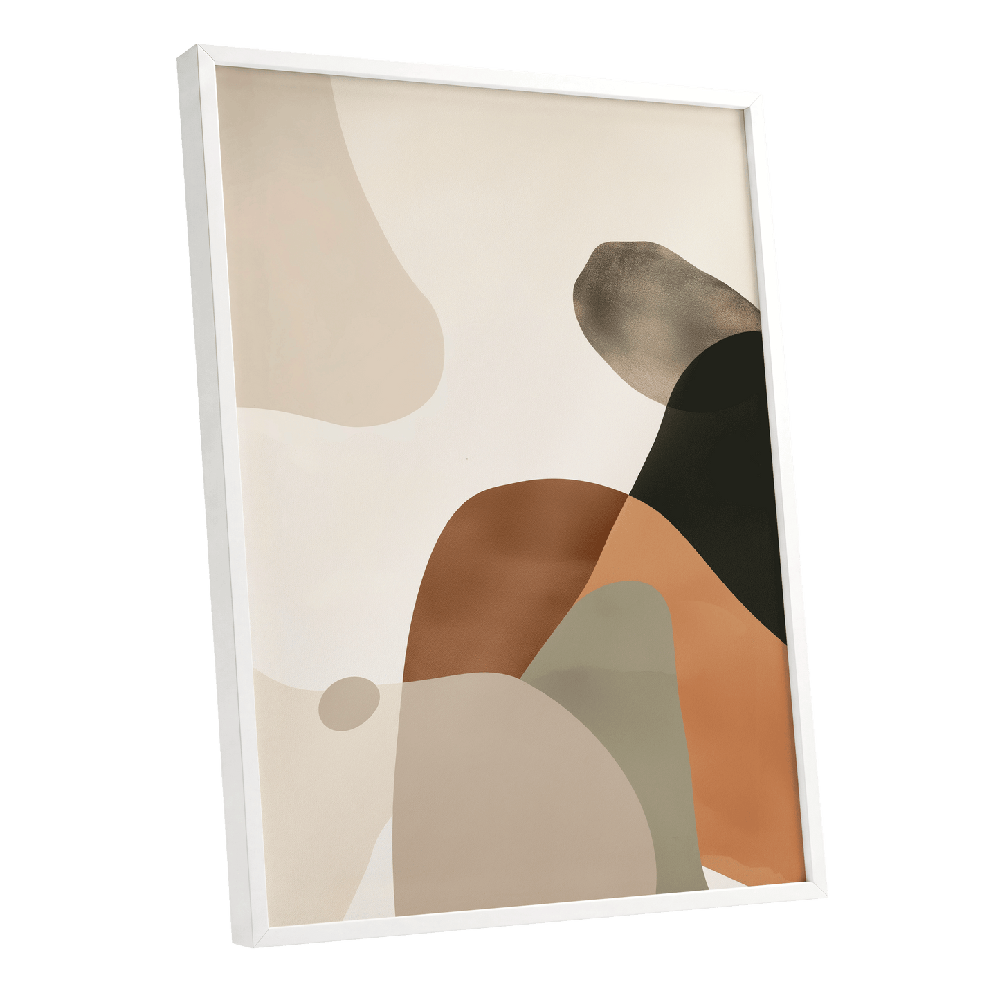 Earthbound Curves, beige, brown, black abstract wall art shown as a white framed poster wall art print