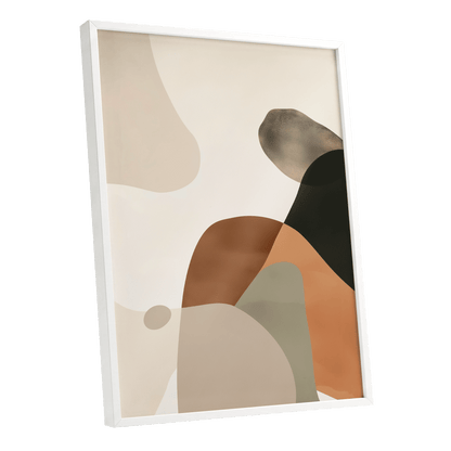 Earthbound Curves, beige, brown, black abstract wall art shown as a white framed poster wall art print
