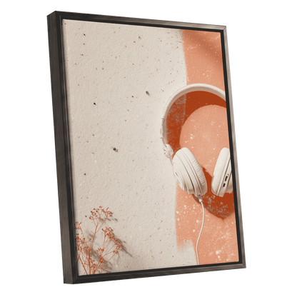 Earthen Airwaves, beige, orange, white minimalist wall art shown as a black framed canvas wall art
