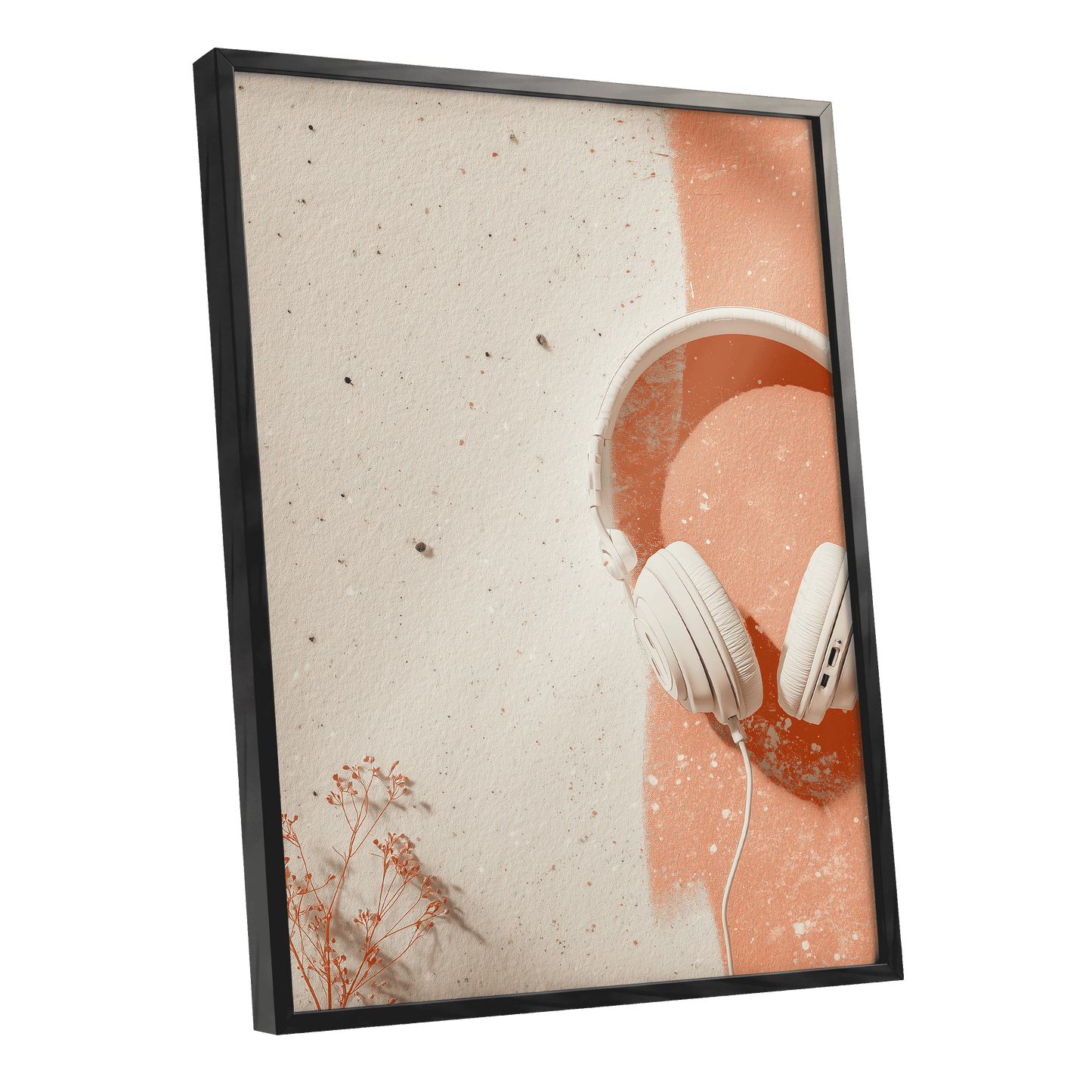 Earthen Airwaves, beige, orange, white minimalist wall art shown as a black framed poster wall art print