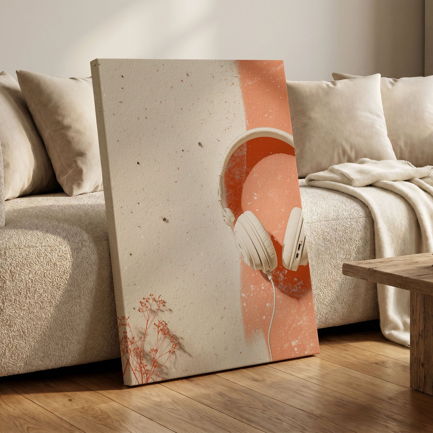 Earthen Airwaves, beige, orange, white minimalist wall art on canvas displayed in a styled interior, gallery view 1