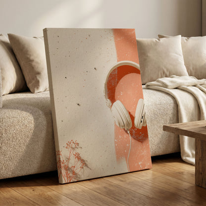 Earthen Airwaves, beige, orange, white minimalist wall art on canvas displayed in a styled interior, gallery view 1