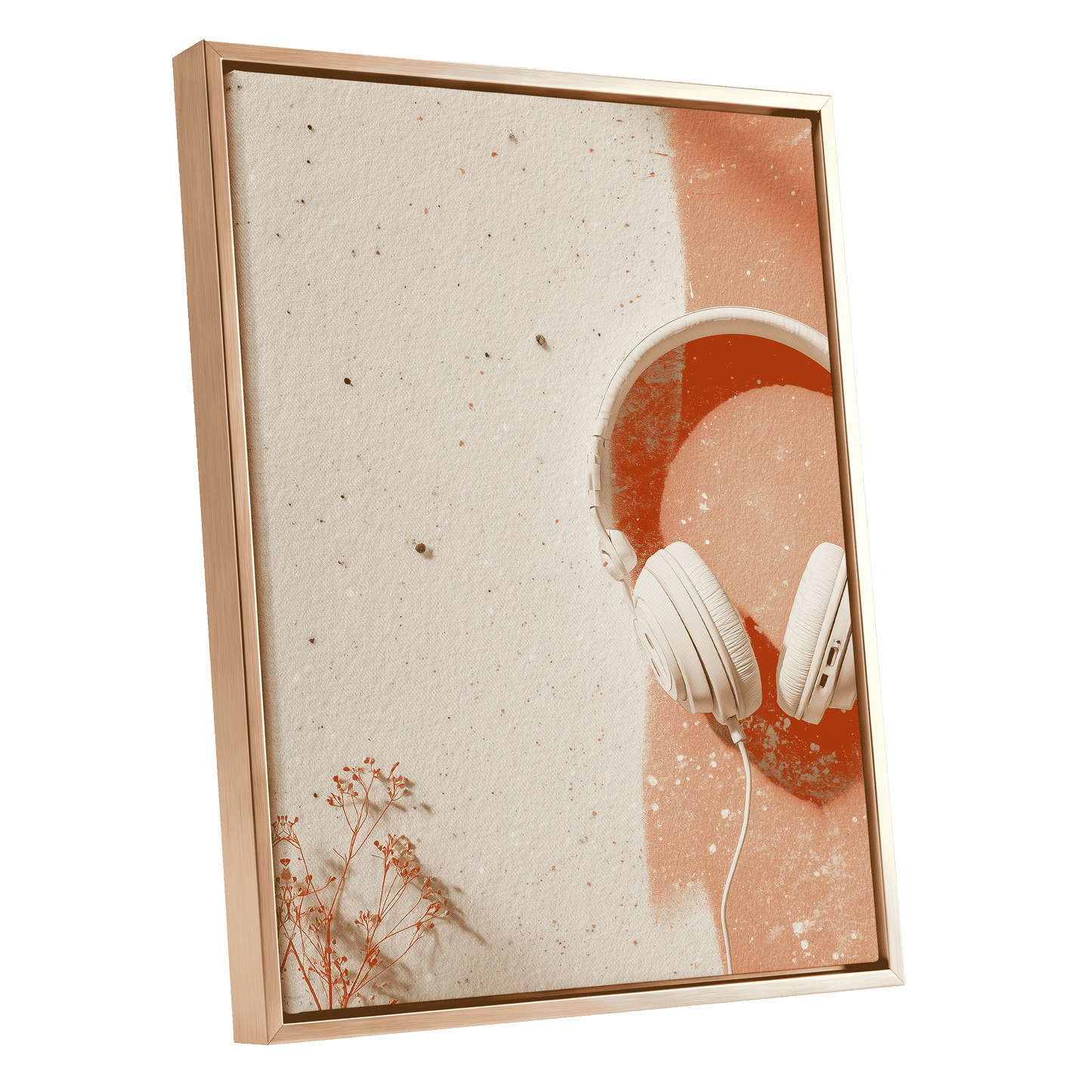 Earthen Airwaves, beige, orange, white minimalist wall art shown as a gold framed canvas wall art