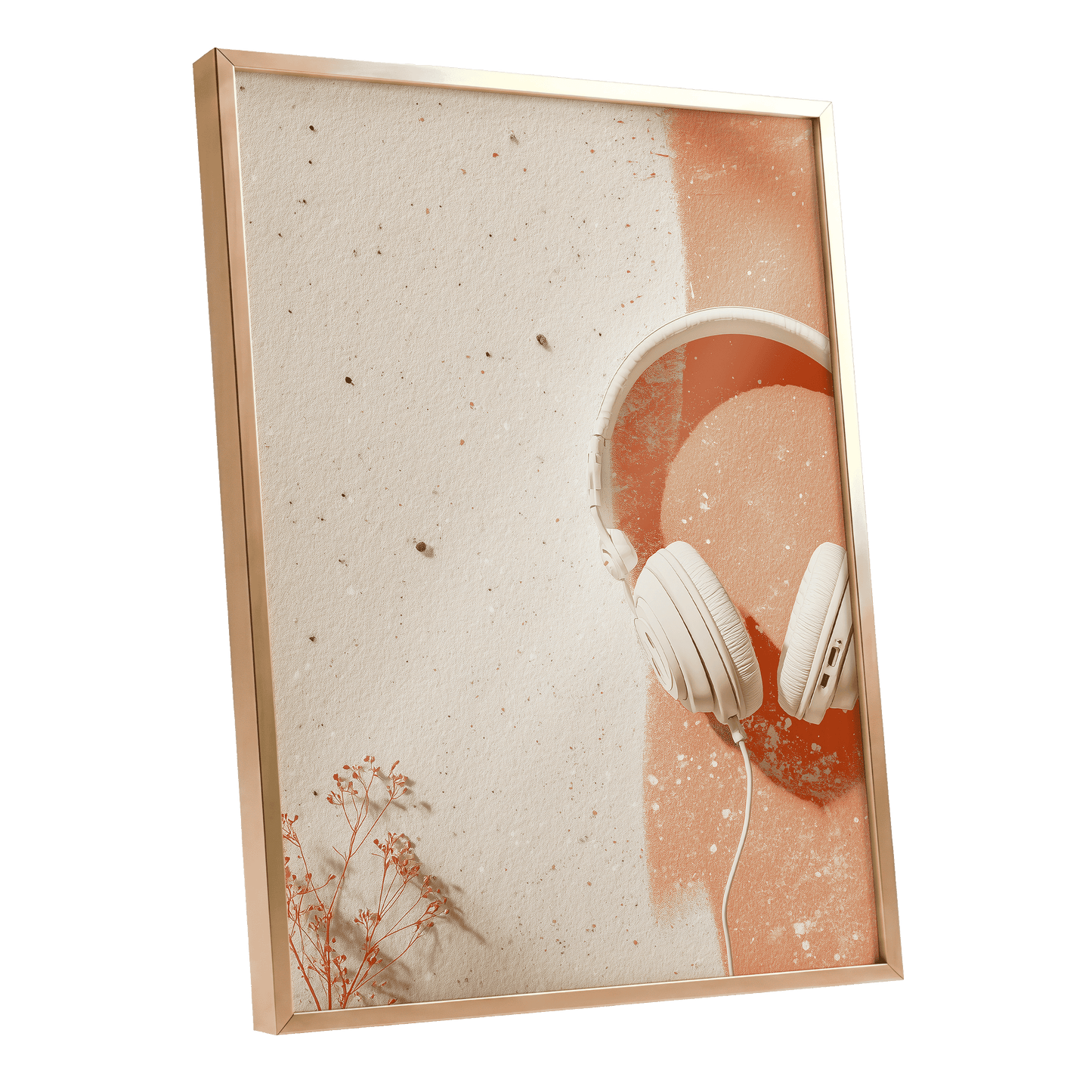 Earthen Airwaves, beige, orange, white minimalist wall art shown as a gold framed poster wall art print